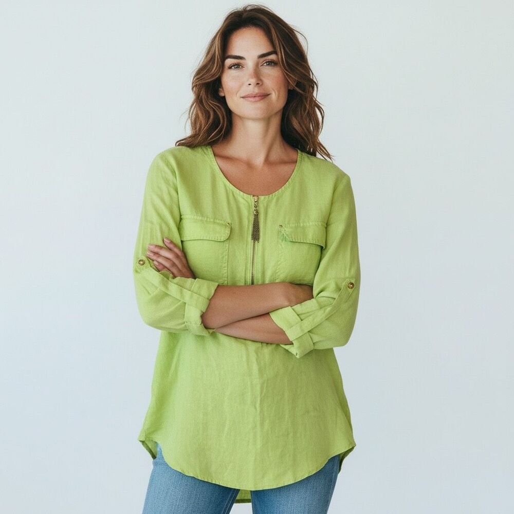 Company Ellen Tracy Linen Lime Tunic Top Gold Zip Roll Tab Sleeves size small